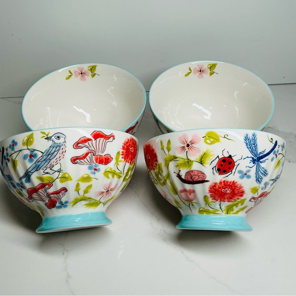 4 Footed Cereal Bowls POTTERS STUDIO Fine Ceramic Colorful Floral Design New
